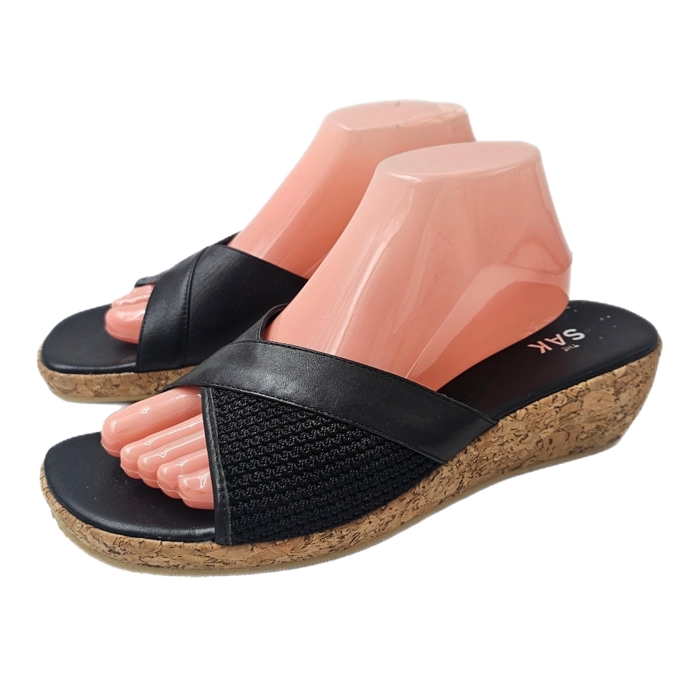 THE SAK Black Crisscross Wedge Sandals Leather Textile Cork Wedge Womens 10